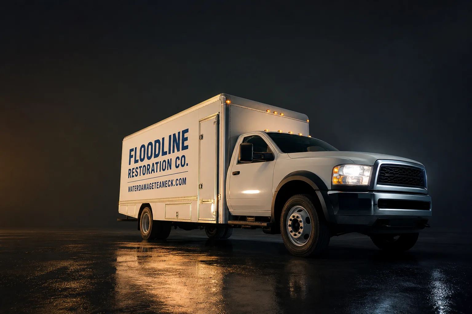 Floodline Restoration Co. damage restoration service vehicle and crew in Teaneck, NJ